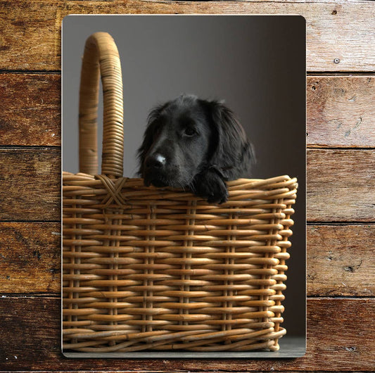Cute Black Puppy In Shopping Basket | Metal Sign plaque