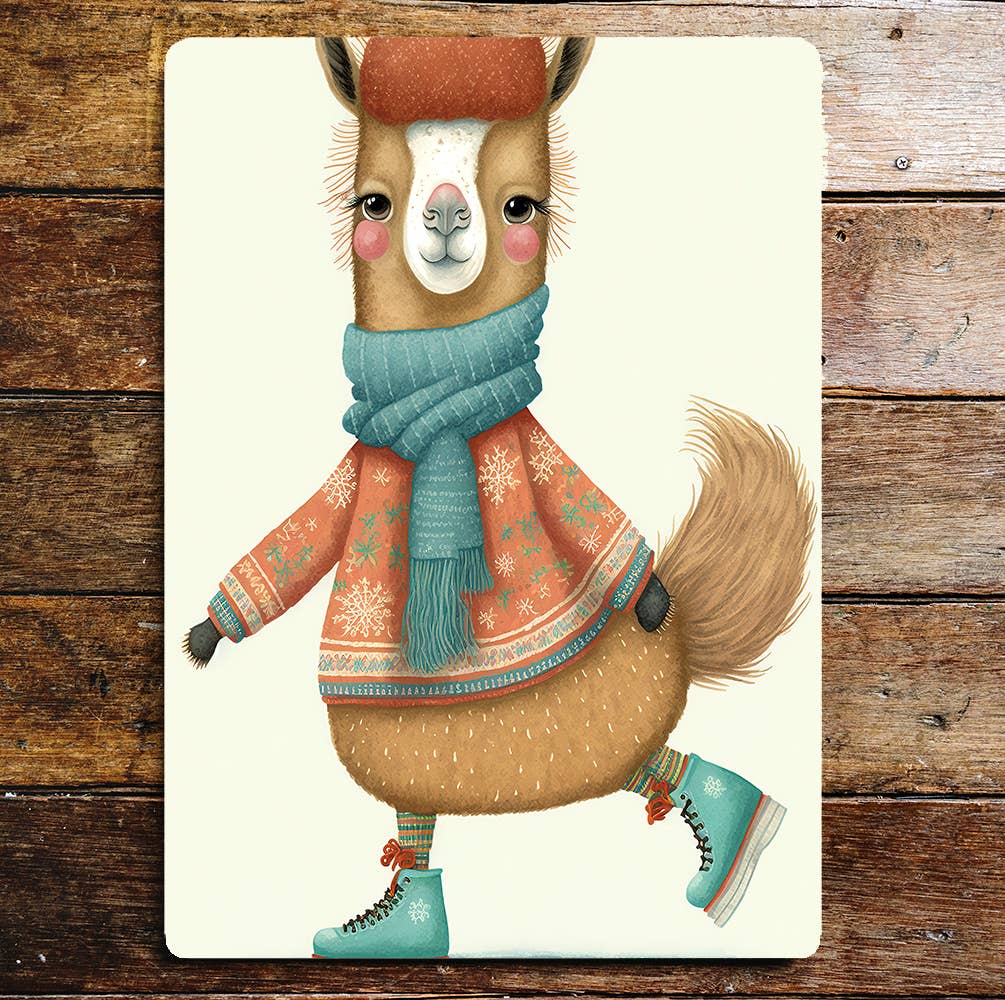 Happy Cute Ice Skating Llama Jumper | Metal Sign Plaque