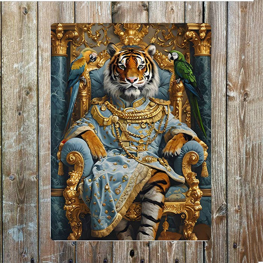 Tiger Throne Surrounded By Vibrant Macaws Metal Sign Plaque