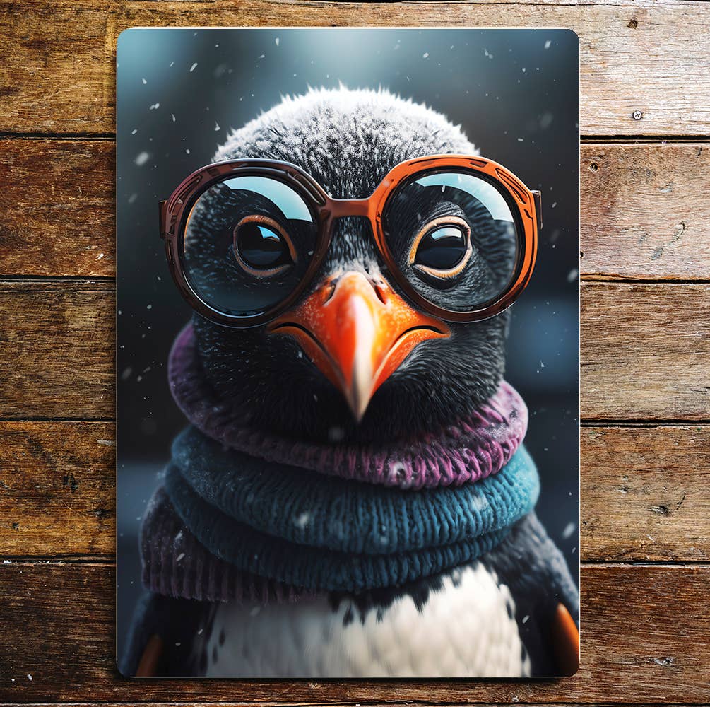 Cool Penguin Portrait Winter Time Fun | Metal Sign Plaque