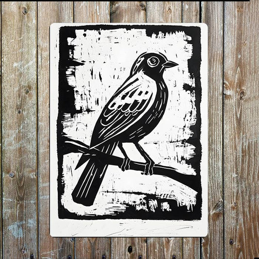 Bird Perched On Branch Linocut Style | Metal Sign Plaque