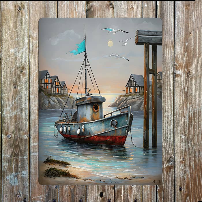 Coastal Scene Old Fishing Boat Nautical | Metal Sign Plaque