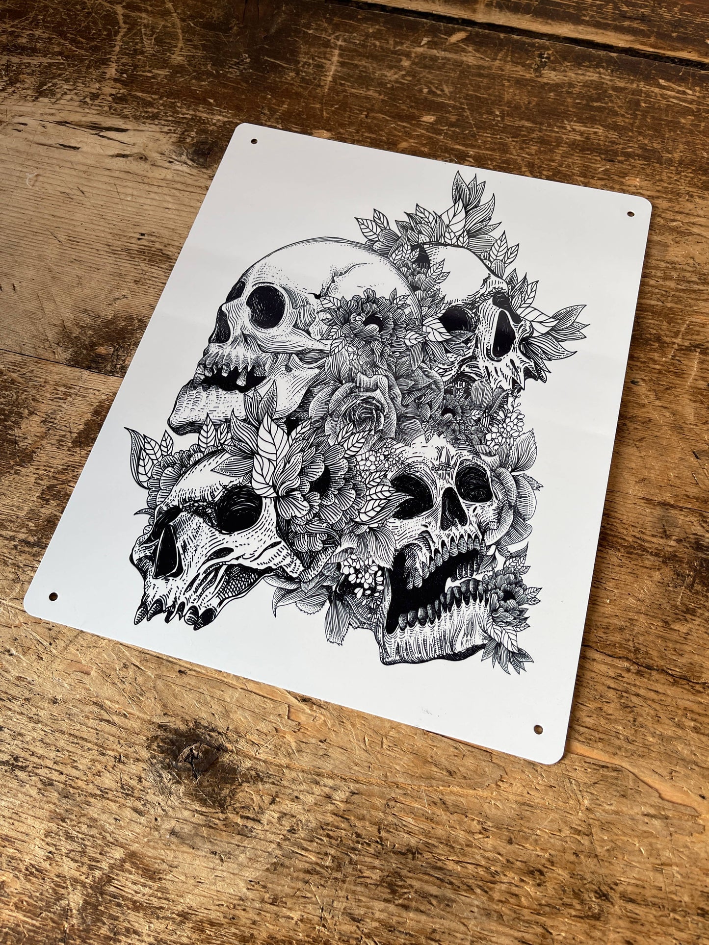 Black And White Skull Flowers | Metal Wall Sign