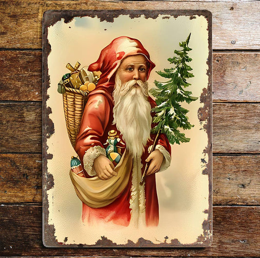Vintage Santa Tree Christmas | Metal Vintage Wall Sign