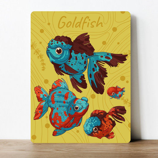 Gold Fish Blue Red Cartoon Artwork | Metal Sign Plaque