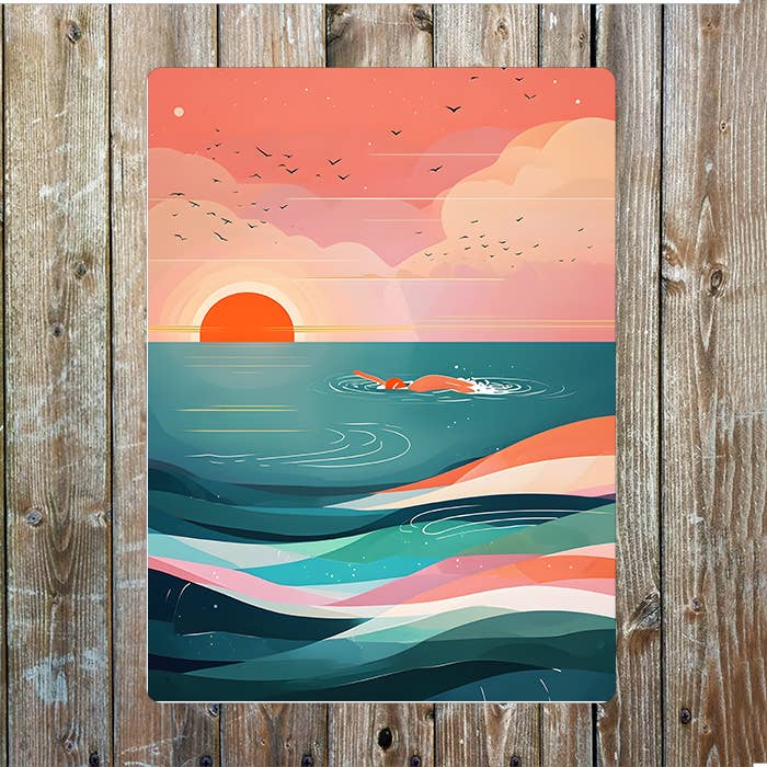 Seascape Illustration At Sunset Swimmer Metal Sign Plaque