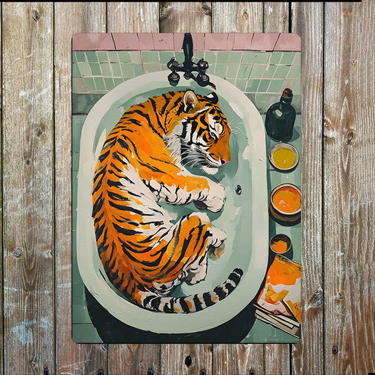 Tiger Relaxing In Green Bathtub Bathroom | Metal Sign Plaque